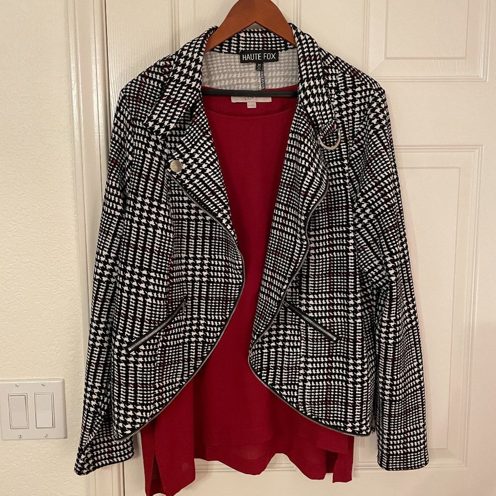 Women's Plus Size Houndstooth BikerJacket & Ann Taylor Loft Red Blouse